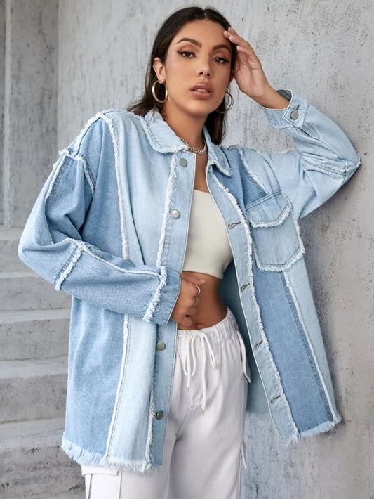 CM-CS553614 Women Casual Seoul Style Two Tone Raw Trim Drop Shoulder Denim Coat