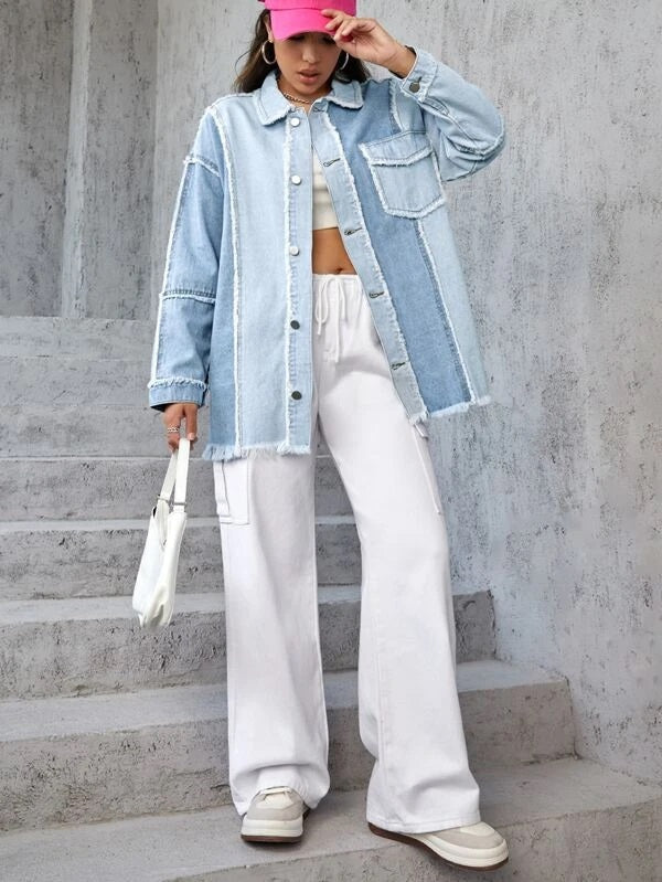 CM-CS553614 Women Casual Seoul Style Two Tone Raw Trim Drop Shoulder Denim Coat