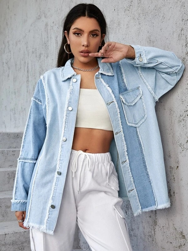 CM-CS553614 Women Casual Seoul Style Two Tone Raw Trim Drop Shoulder Denim Coat