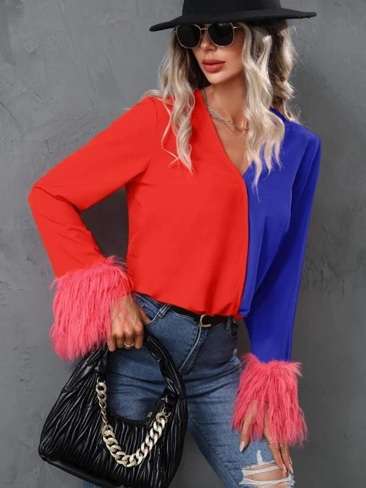 CM-TS513713 Women Elegant Seoul Style Two Tone Fuzzy Cuff Long Sleeve Blouse