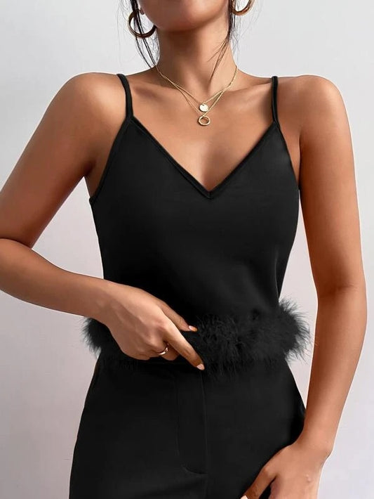 CM-TS588008 Women Trendy Seoul Style Fuzzy Trim Cami Top - Black