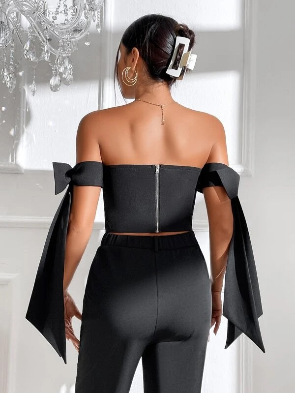 CM-TS412416 Women Casual Seoul Style Knot Side Zip Back Bustier Crop Top - Black