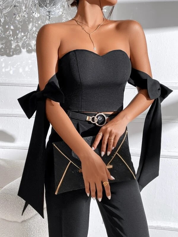 CM-TS412416 Women Casual Seoul Style Knot Side Zip Back Bustier Crop Top - Black