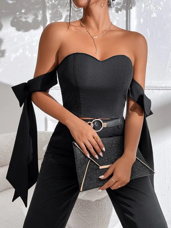CM-TS412416 Women Casual Seoul Style Knot Side Zip Back Bustier Crop Top - Black