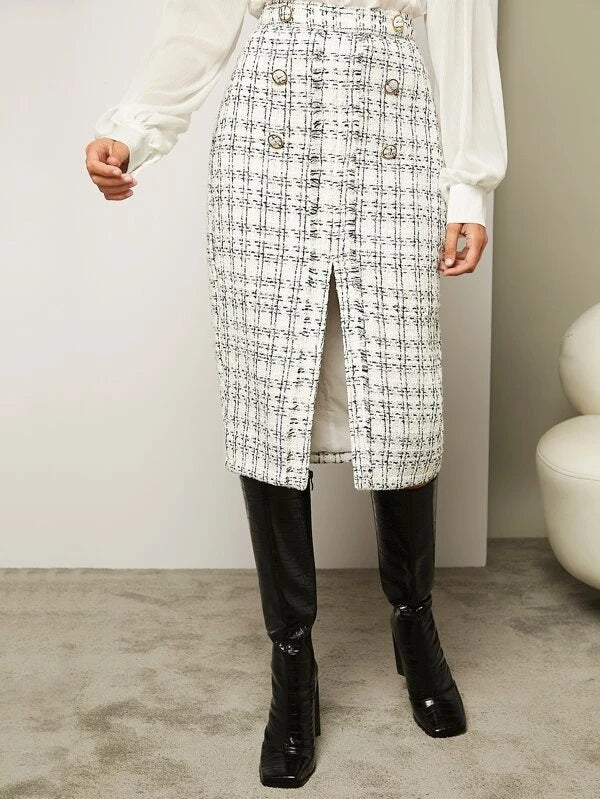 CM-BS976766 Women Elegant Seoul Style High Waist Plaid Pattern Double Breasted Tweed Slit Skirt