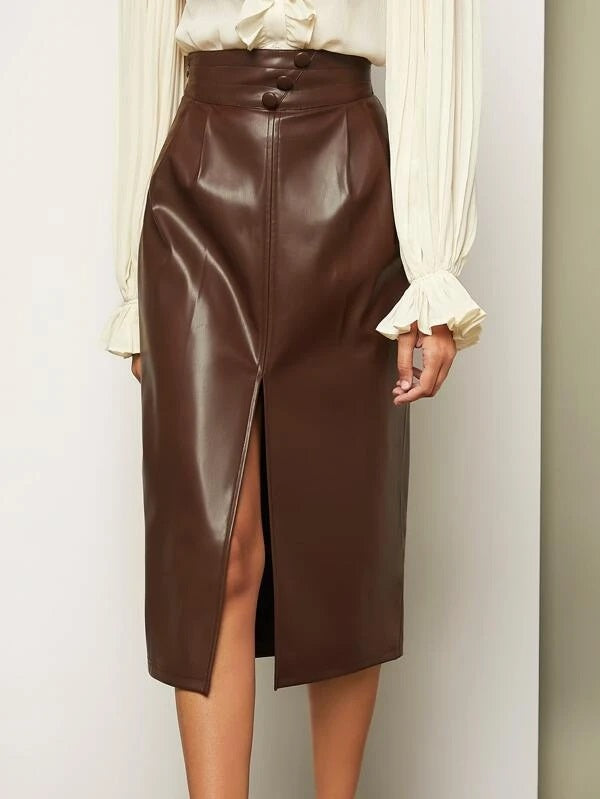 CM-BS842949 Women Elegant Seoul Style High Waist Split Thigh PU Leather Skirt - Brown