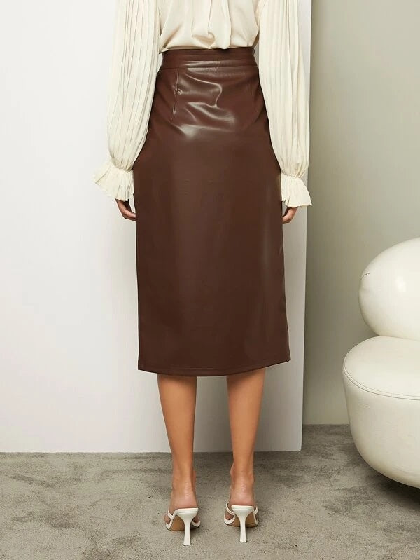 CM-BS842949 Women Elegant Seoul Style High Waist Split Thigh PU Leather Skirt - Brown