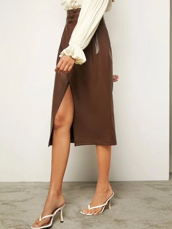 CM-BS842949 Women Elegant Seoul Style High Waist Split Thigh PU Leather Skirt - Brown