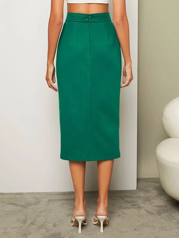 CM-BS216888 Women Elegant Seoul Style High Waist Split Hem Skirt - Green