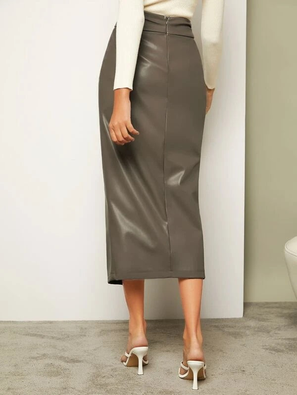 CM-BS255574 Women Elegant Seoul Style Twist Front PU Leather Slit Skirt - Gray