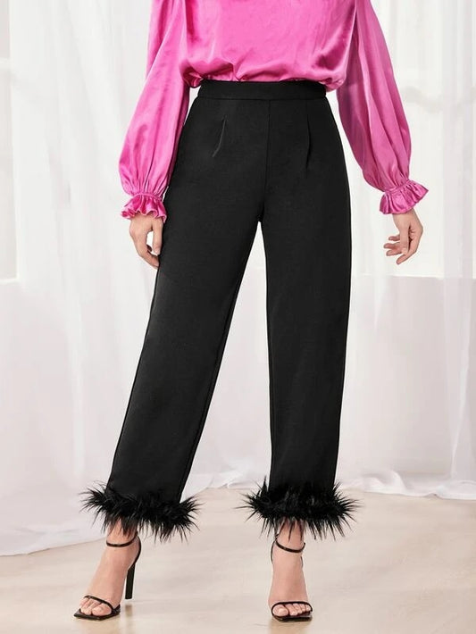 CM-BS886666 Women Elegant Seoul Style Fuzzy Hem Straight Leg Pants - Black