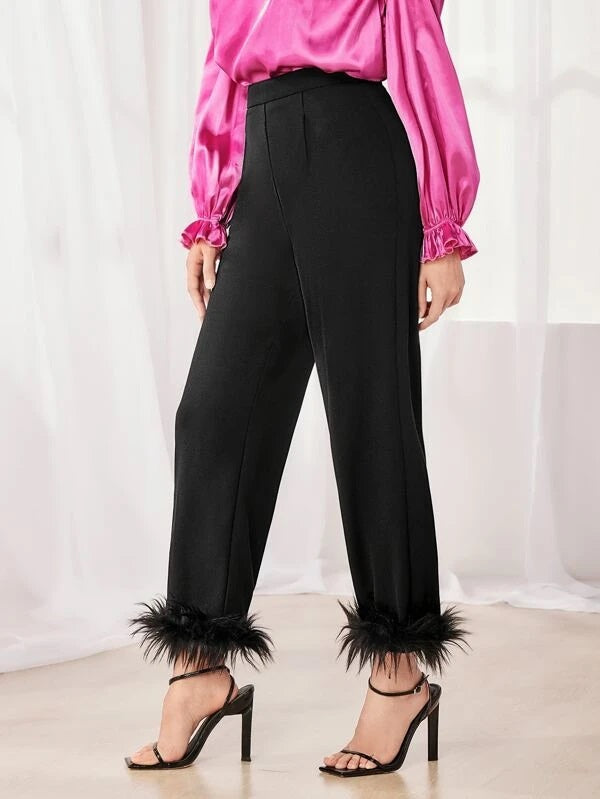 CM-BS886666 Women Elegant Seoul Style Fuzzy Hem Straight Leg Pants - Black