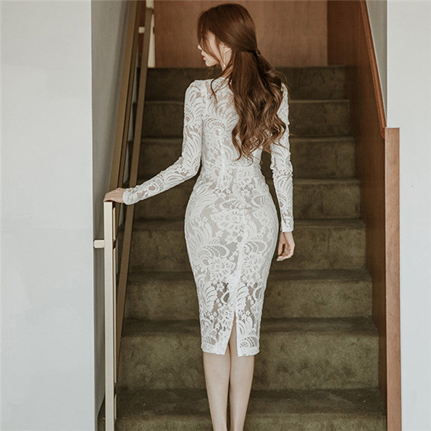 CM-DF082407 Women Elegant Seoul Style O-Neck Lace Floral Bodycon Dress - White
