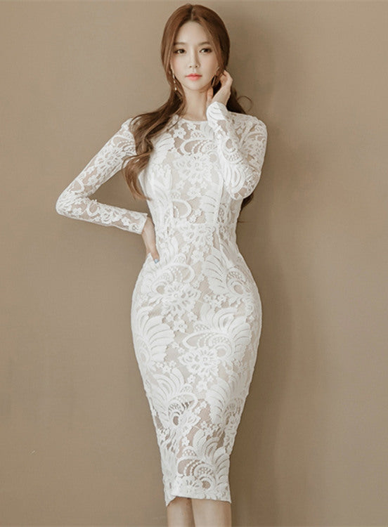 CM-DF082407 Women Elegant Seoul Style O-Neck Lace Floral Bodycon Dress - White
