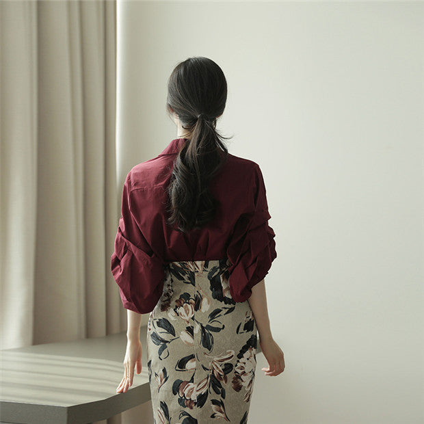 CM-SF090428 Women Elegant Seoul Style Puff Sleeve Blouse With Floral High Waist Skirt - Set