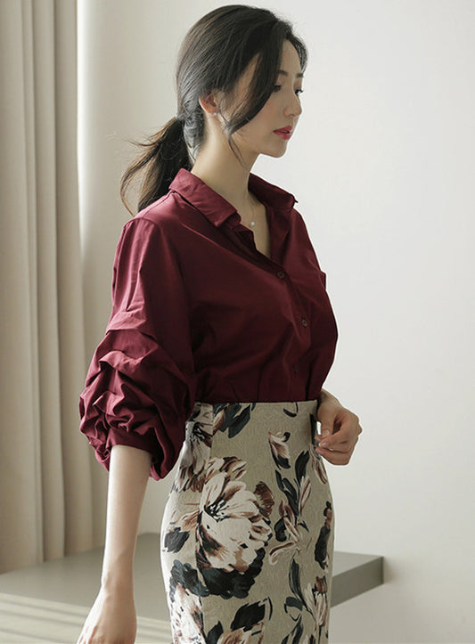 CM-SF090428 Women Elegant Seoul Style Puff Sleeve Blouse With Floral High Waist Skirt - Set