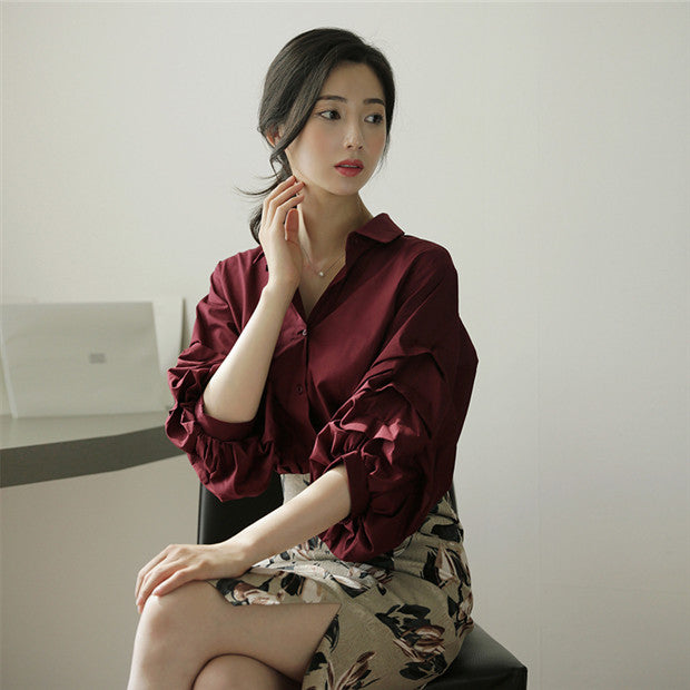 CM-SF090428 Women Elegant Seoul Style Puff Sleeve Blouse With Floral High Waist Skirt - Set