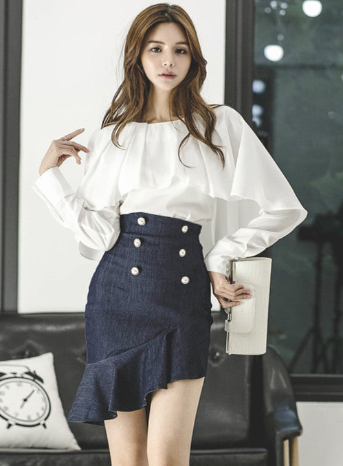 CM-SF090429 Women Elegant Seoul Style Round Neck Batwing Blouse With Fishtail Denim Skirt - Set