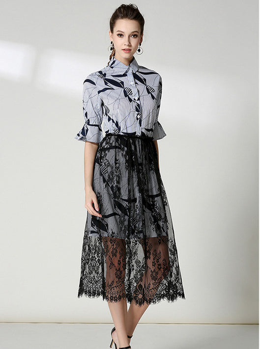 CM-SF100615 Women European Stylish Floral Stripes Blouse With Lace Long Skirt - Set