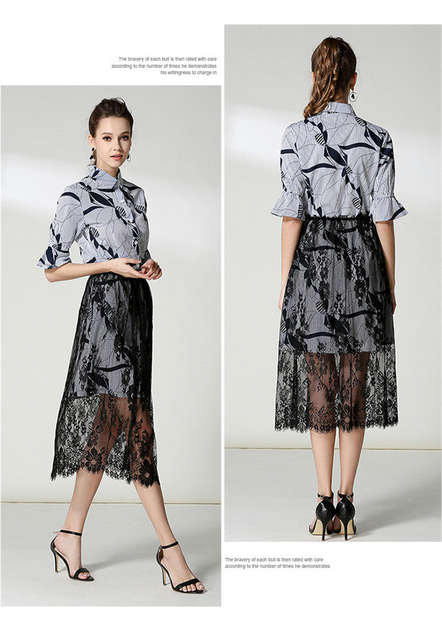 CM-SF100615 Women European Stylish Floral Stripes Blouse With Lace Long Skirt - Set