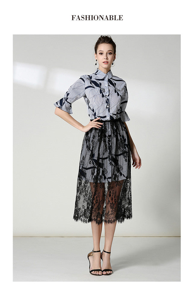 CM-SF100615 Women European Stylish Floral Stripes Blouse With Lace Long Skirt - Set