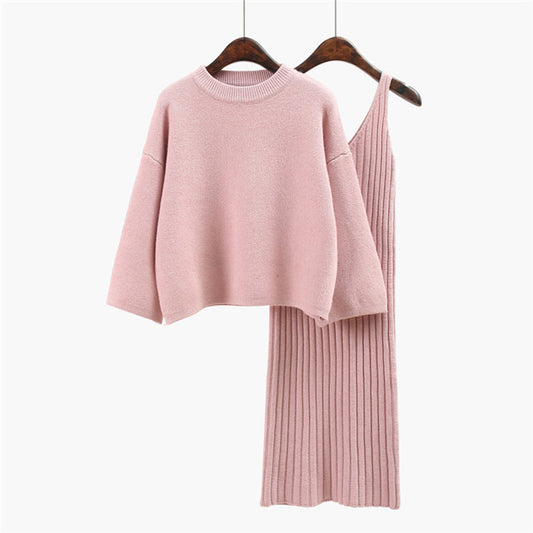 CM-SF101707 Women Seoul Style Pink Loosen Knitting Blouse With Sleeveless Dress - Set