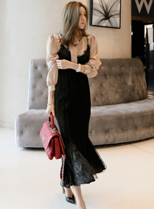 CM-SF103017 Women Seoul Style Puff Sleeve Blouse With Fishtail Lace Long Dress - Set