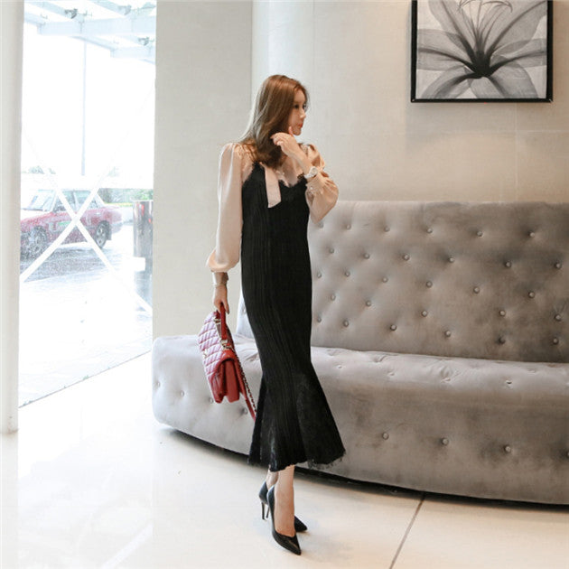 CM-SF103017 Women Seoul Style Puff Sleeve Blouse With Fishtail Lace Long Dress - Set