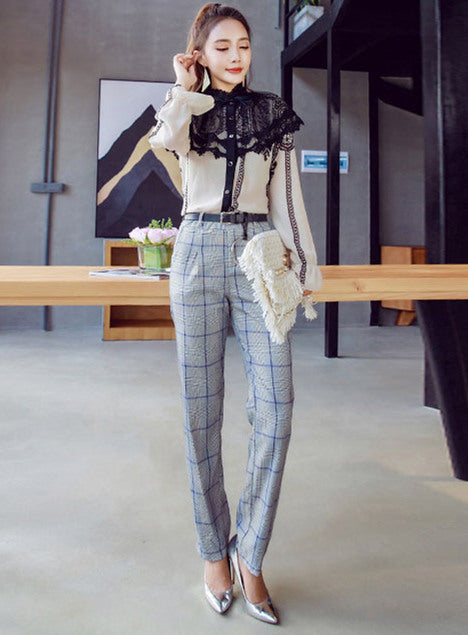CM-SF110230 Women Elegant Seoul Style Lace Chiffon Blouse With Plaids Long Pants - Set