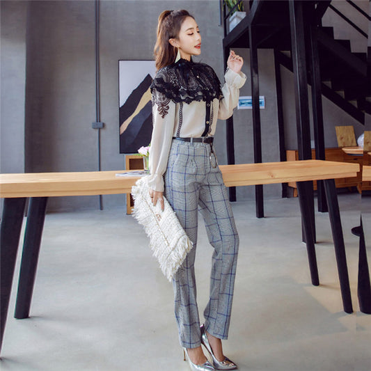 CM-SF110230 Women Elegant Seoul Style Lace Chiffon Blouse With Plaids Long Pants - Set