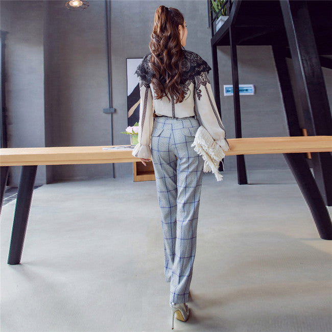 CM-SF110230 Women Elegant Seoul Style Lace Chiffon Blouse With Plaids Long Pants - Set