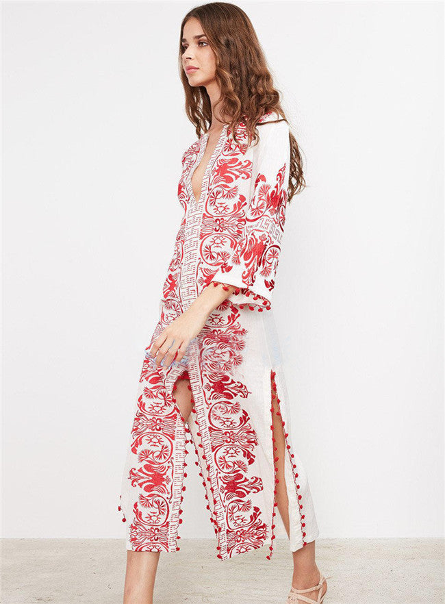 CM-EF110335 Women Retro Style Split V-Neck Floral Embroidery Long Dress