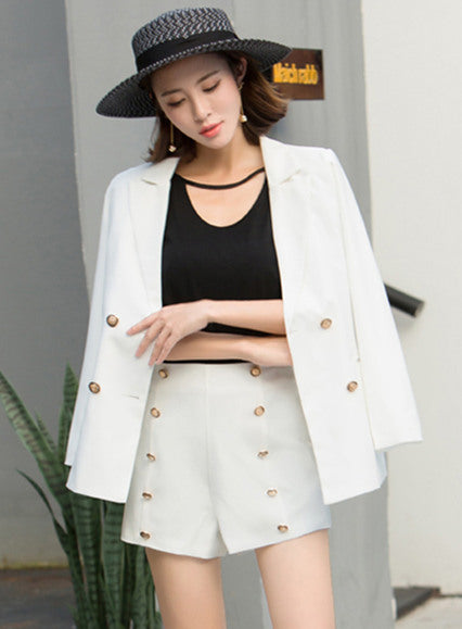 CM-SF110417 Women Trendy Seoul Style White Double-Breasted Short Leisure Suit - Set