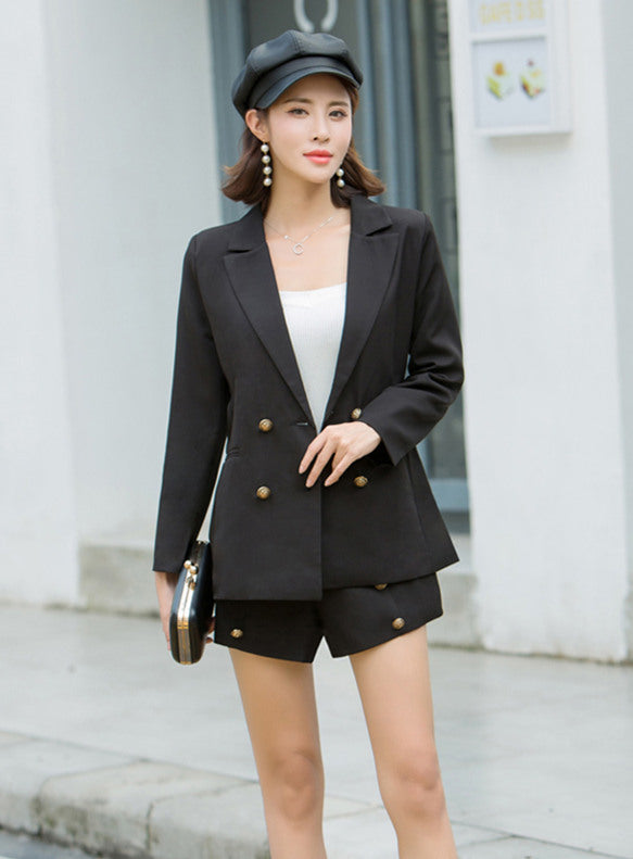 CM-SF110417 Women Trendy Seoul Style Black Double-Breasted Short Leisure Suit - Set