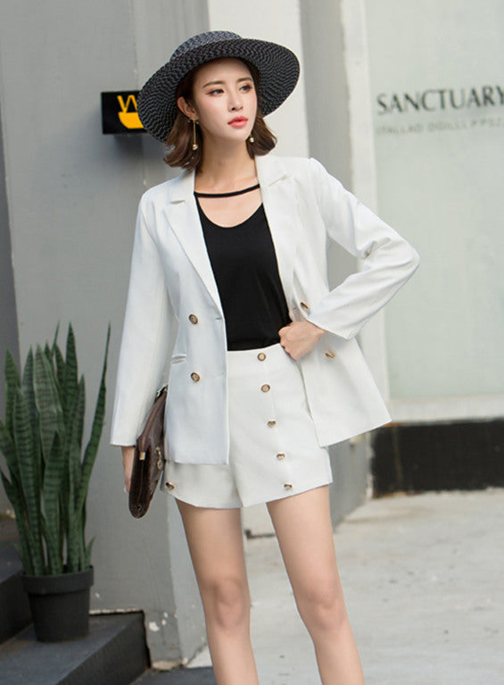 CM-SF110417 Women Trendy Seoul Style White Double-Breasted Short Leisure Suit - Set