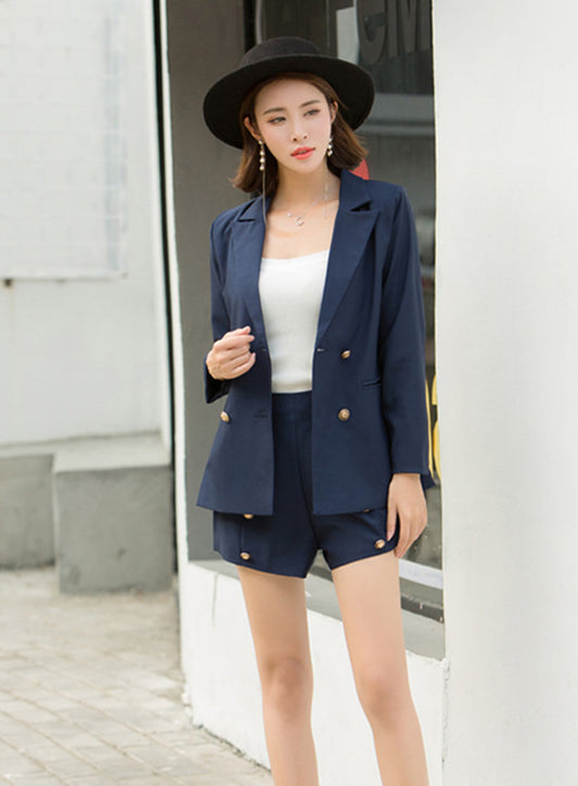 CM-SF110417 Women Trendy Seoul Style Navy Blue Double-Breasted Short Leisure Suit - Set