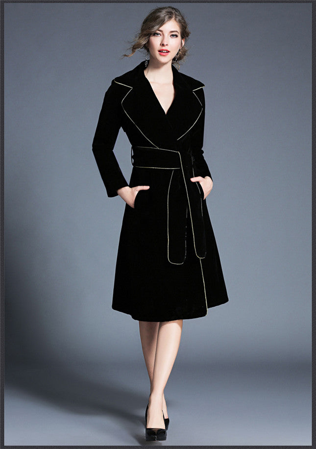CM-CF110625 Women European Style Turn-Down Collar Tie Waist Long Coat - Black