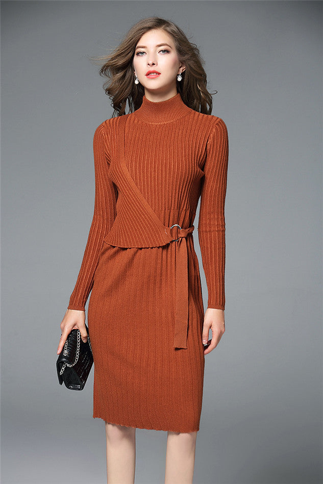 CM-DF111023 Women European Style Stand Collar Tie Waist Knitting Dress - Orange