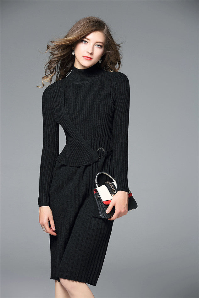 CM-DF111023 Women European Style Stand Collar Tie Waist Knitting Dress - Black
