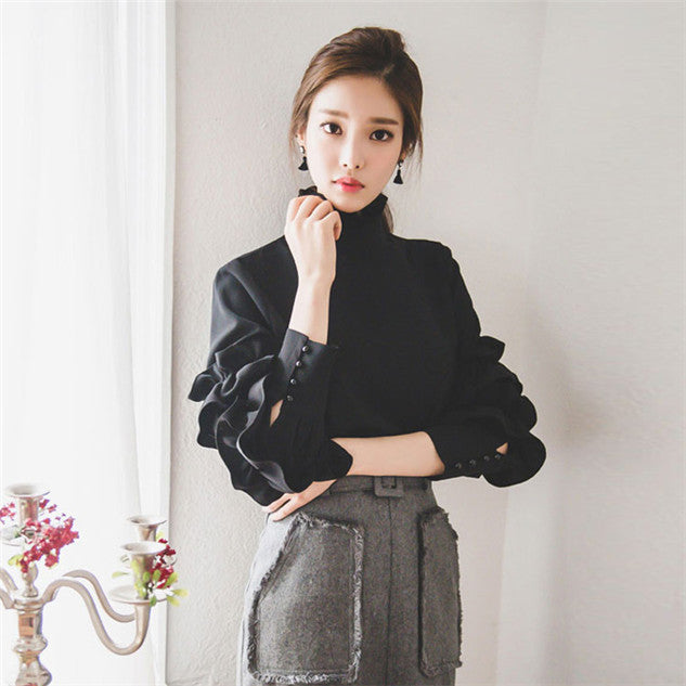 CM-TF111418 Women Casual Seoul Style Stand Collar Layered Flouncing Sleeve Blouse - Black