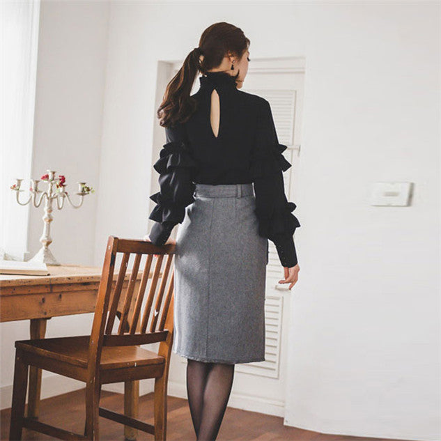 CM-TF111418 Women Casual Seoul Style Stand Collar Layered Flouncing Sleeve Blouse - Black