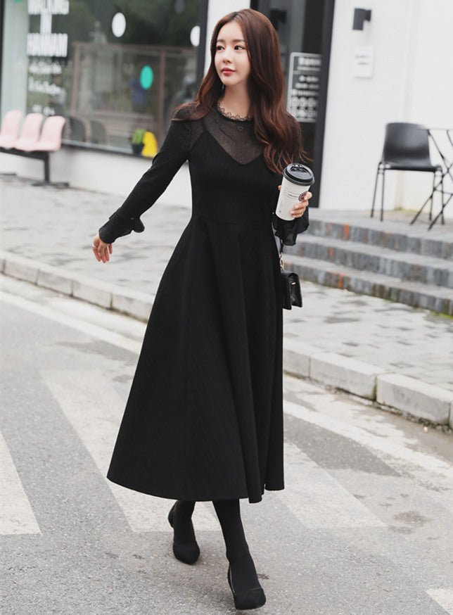 CM-SF111606 Women Seoul Style Gauze T-Shirt With Straps Woolen Long Dress - Set
