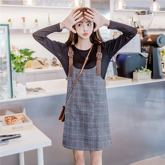 CM-SF111616 Women Preppy Style Cotton T-Shirt With Plaids Buckles Straps Skirt - Set