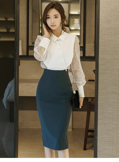 CM-SF111713 Women Elegant Lace Sleeve Blouse With Hip-Packed Midi Skirt - Set