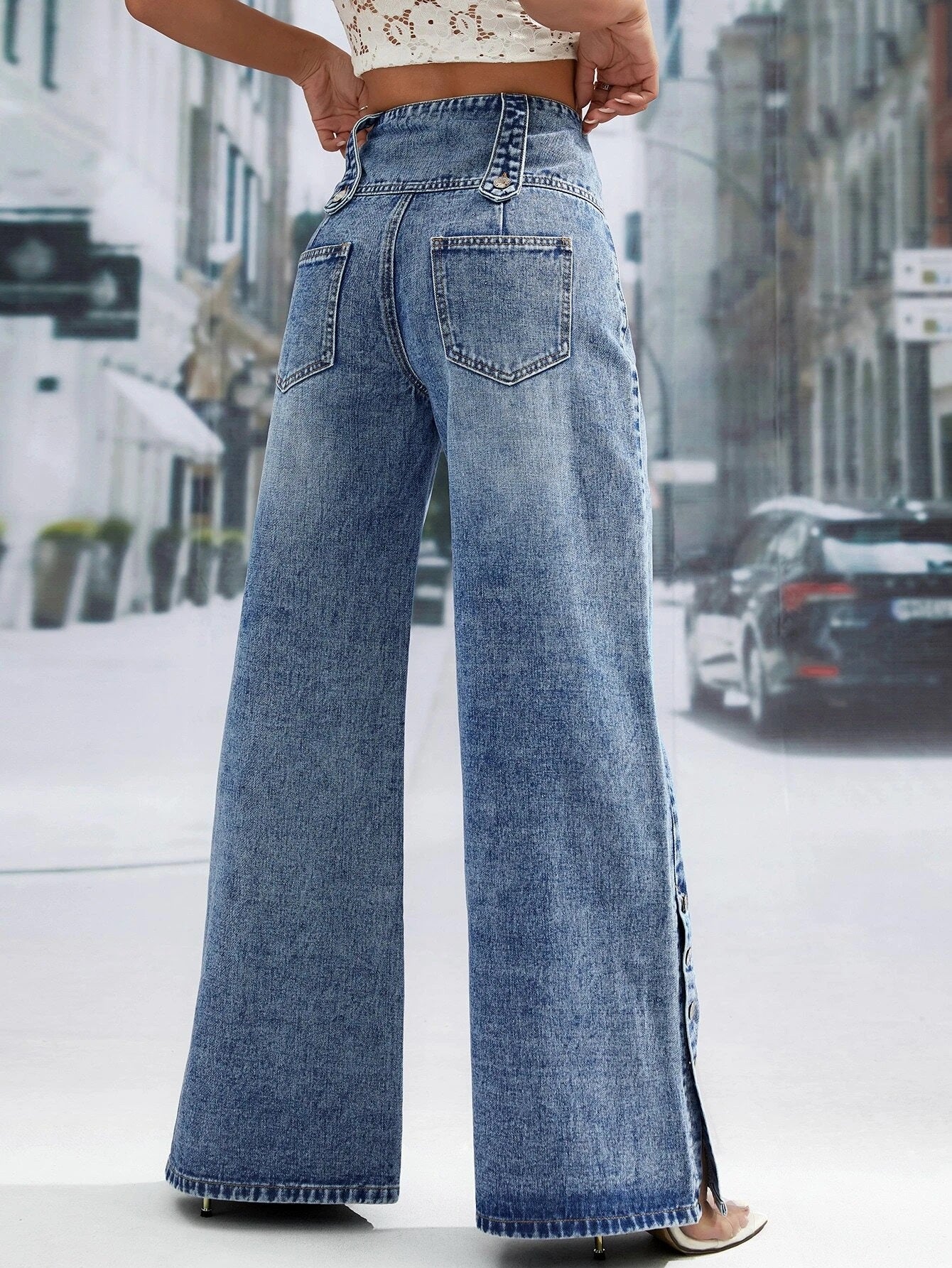 CM-BS261401 Women Preppy Seoul Style Medium Wash Button Fly Wide Leg Jeans