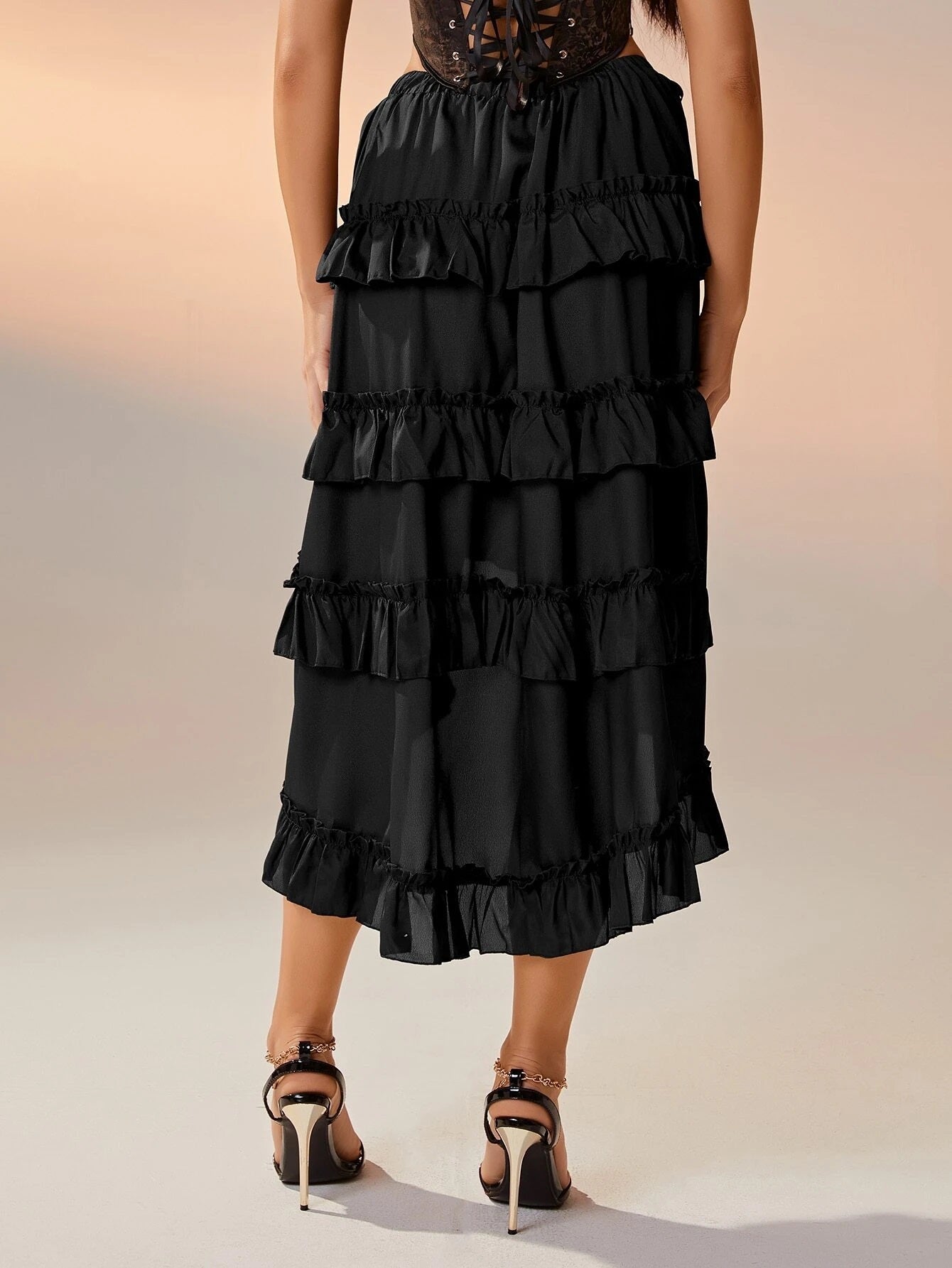 CM-BS870676 Women Casual Seoul Style Ruffle Trim Drawstring Ruched Ruffle Hem Skirt - Black