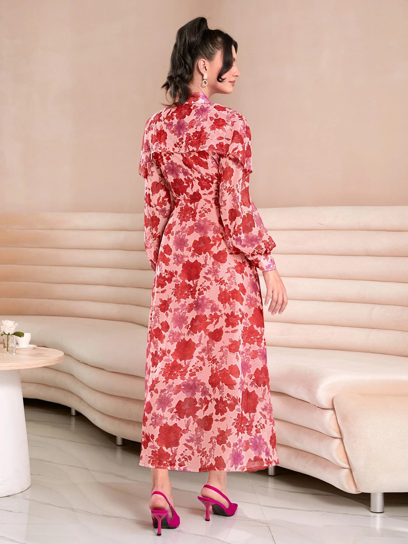 CM-DS851011 Women Elegant Seoul Style Allover Floral Print Tie Neck Bishop Sleeve Dress
