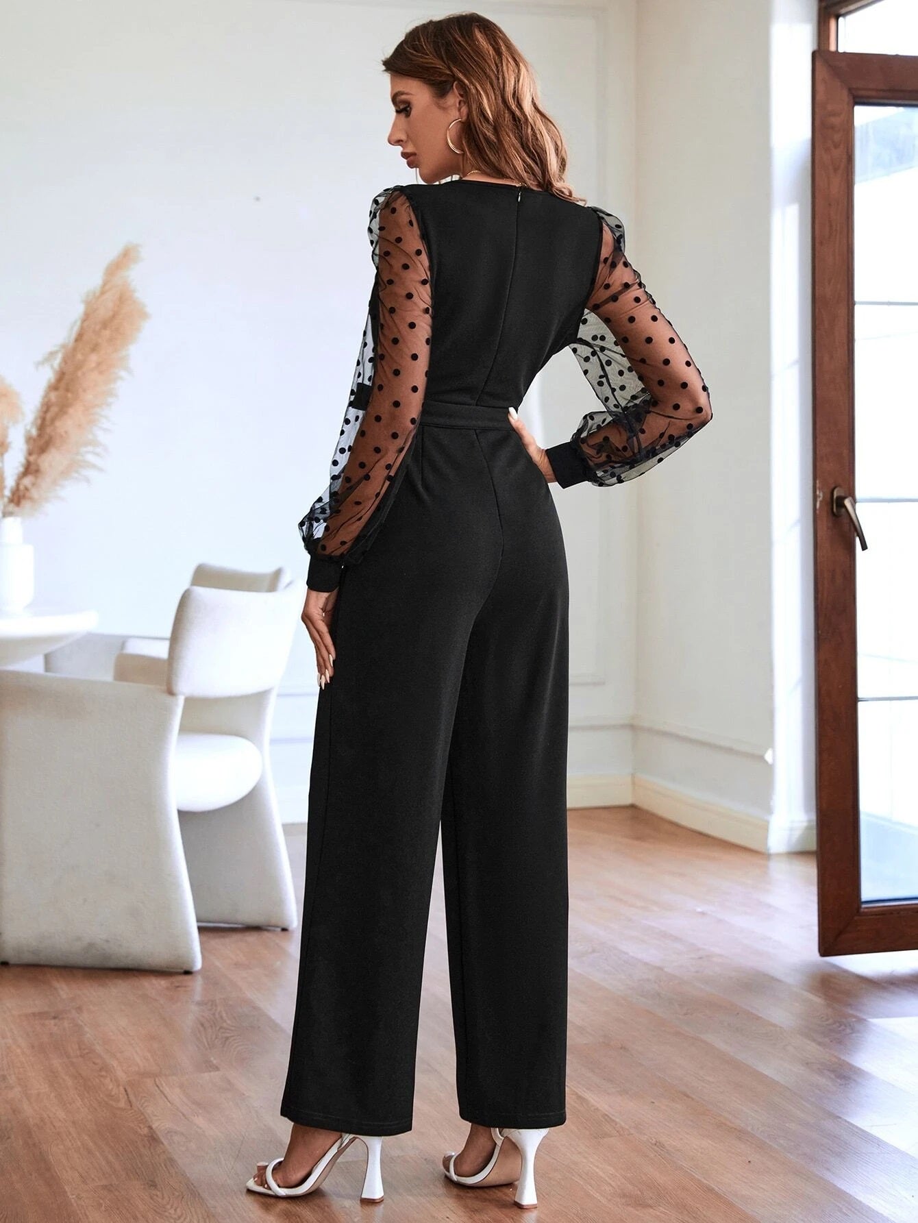 CM-JS578871 Women Elegant Seoul Style Contrast Dobby Mesh Lantern Sleeve Belted Jumpsuit