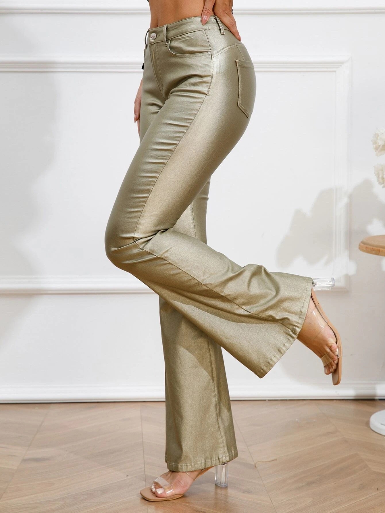 CM-BS979168 Women Preppy Seoul Style Drop Waist Zipper Fly Flare Leg Jeans - Gold