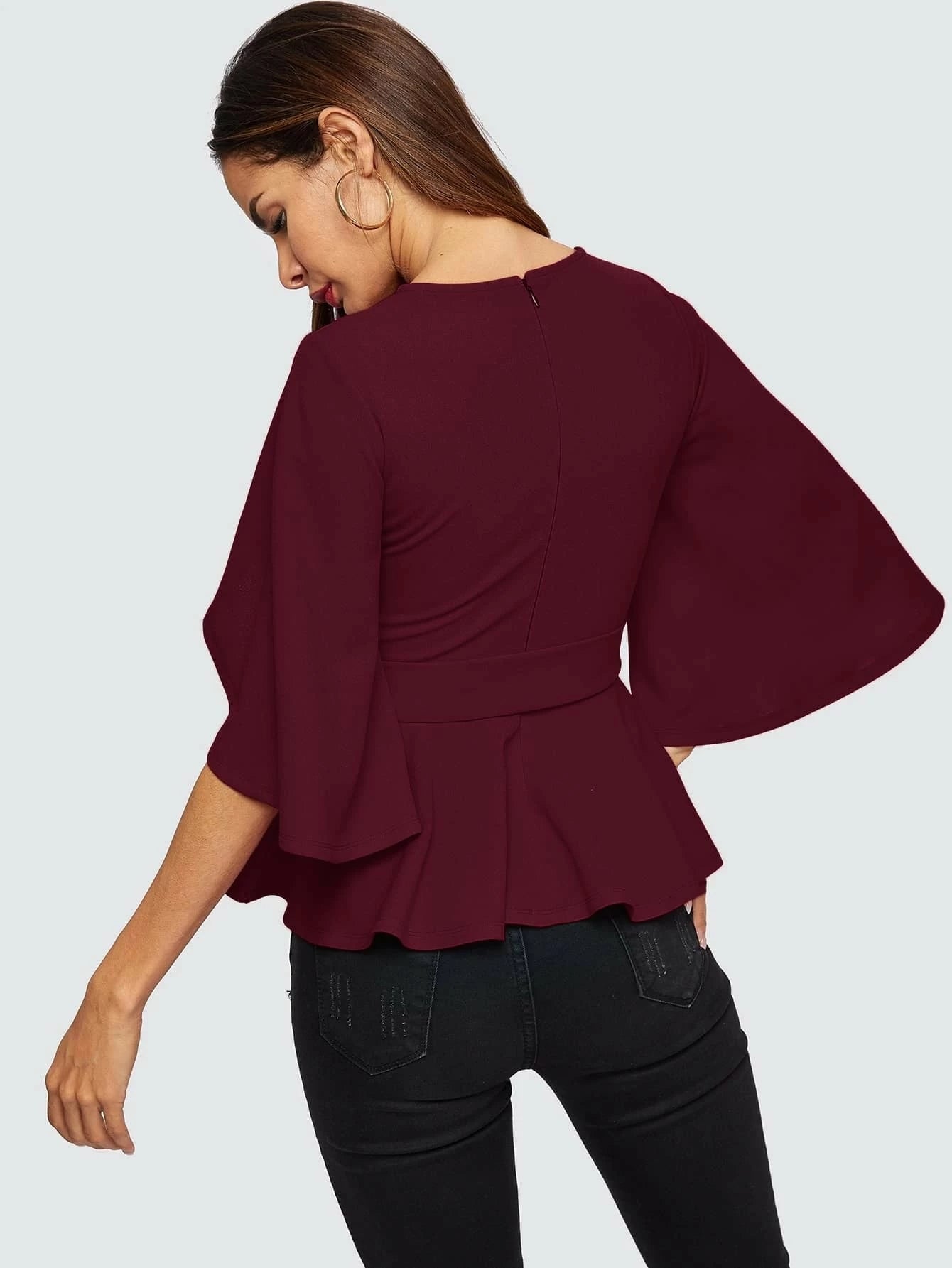 CM-TS823564 Women Casual Seoul Style Split Sleeve Belted Peplum Top - Burgundy